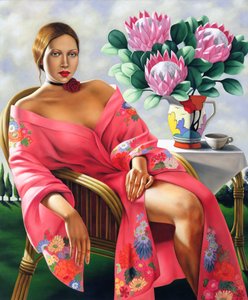 お茶、午後遅く（オイル、リネン） 作： Catherine Abel